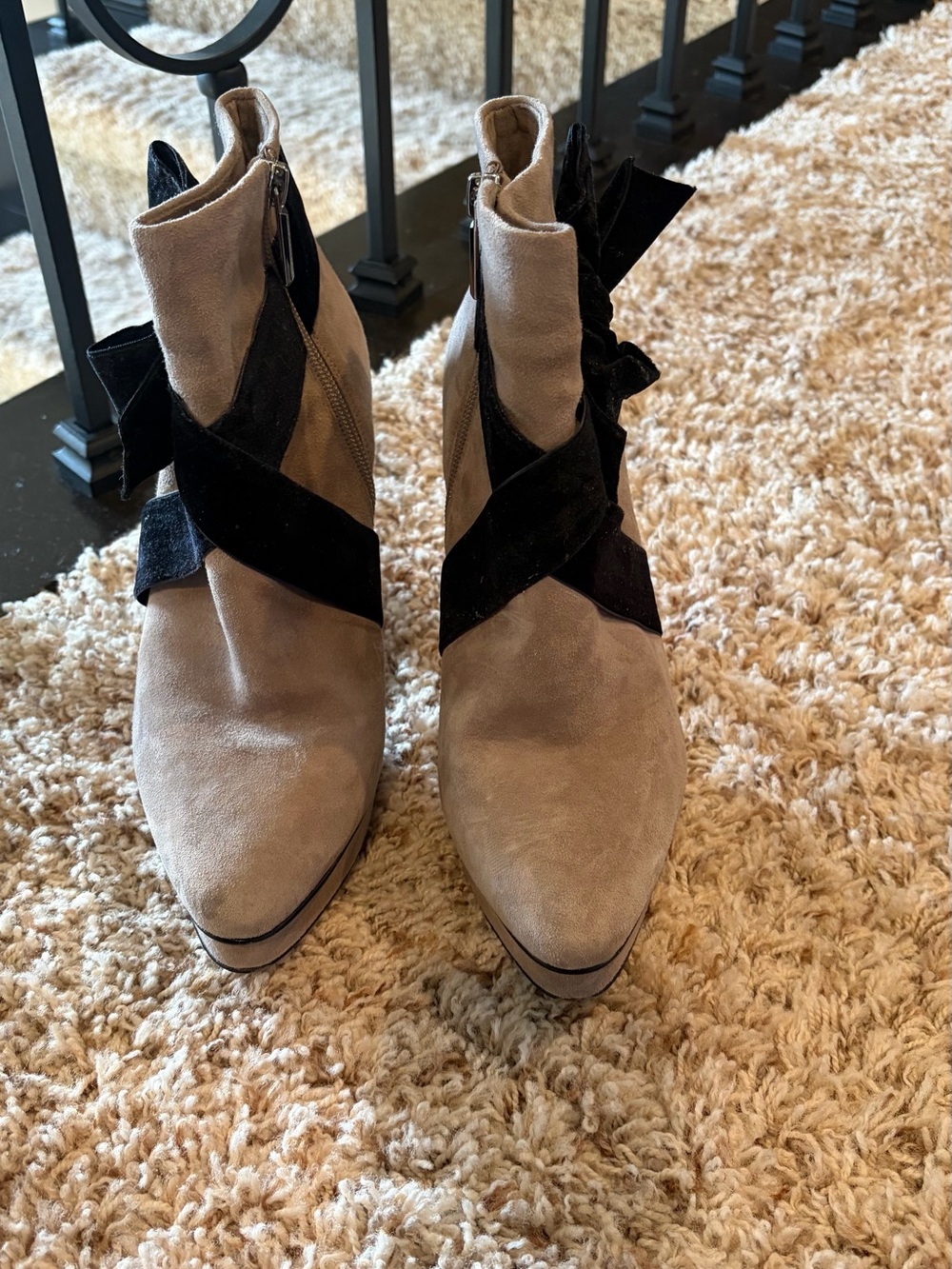 Vince Camuto Taupe Suede Ankle Boots with Black Velvet Bow